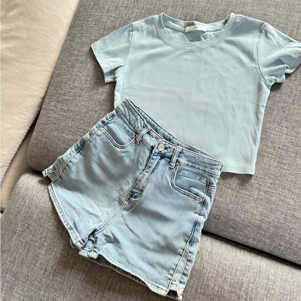Light Blue T-Shirt and Denim Shorts Set